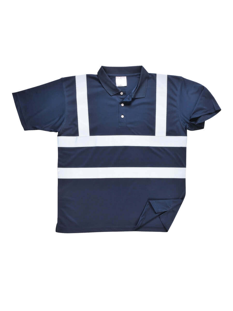Warnschutz-Poloshirt flach gelegt, marineblau mit breiten Reflektorstreifen und Knopfleiste