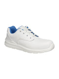 Portwest FD61 Schnürschuh mit weißem Obermaterial und blauen Akzenten, flacher Sohle