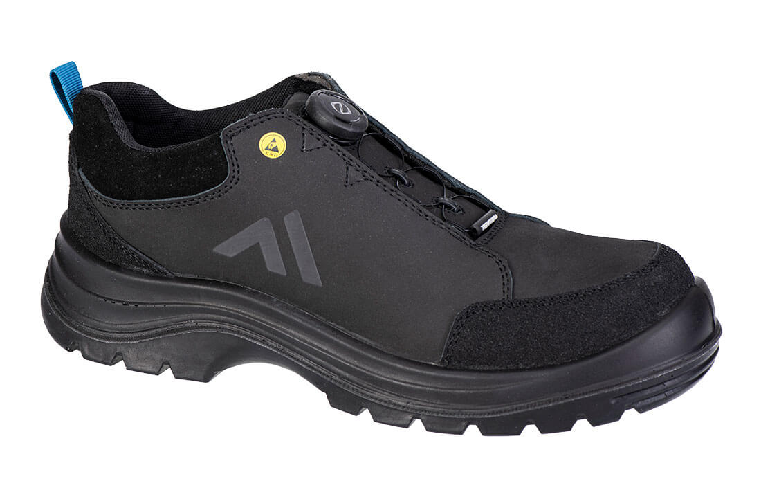 Halbschuh S3 aus dunklem Material, Schnürung, Profilsohle, seitlicher Schriftzug