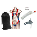 Fallschutz-Gurtset mit Tragegestell, rotem/blauem Gurt, Seil, Karabiner und Tasche