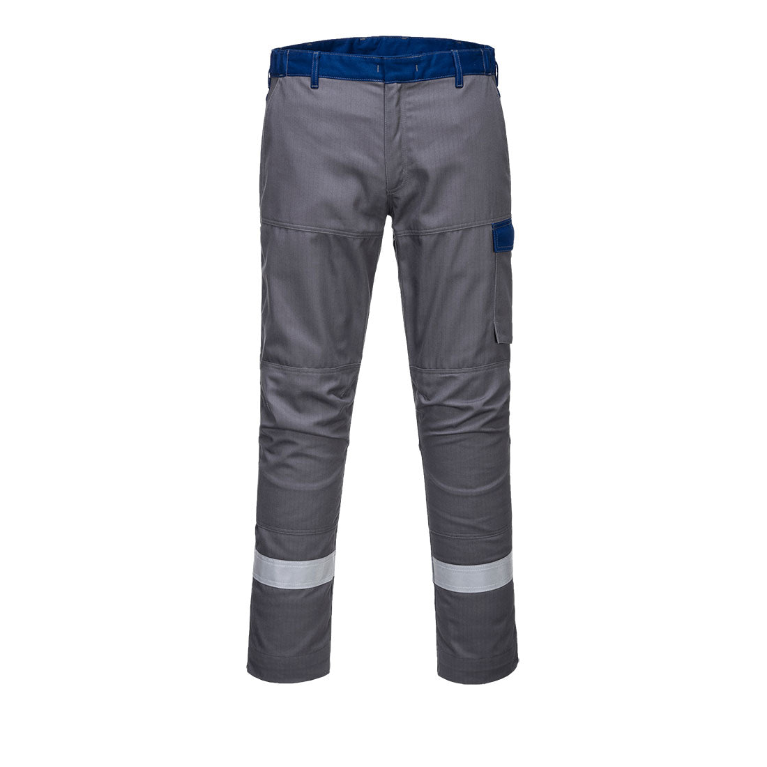 Zweifarbige Bundhose mit blauem Bund, grau, seitlichen Taschen und Reflexstreifen