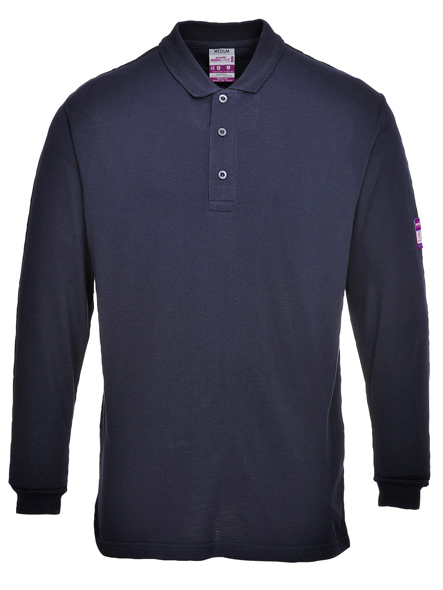 Flammhemmendes Langarm-Poloshirt, dunkelblau, Knopfleiste, gerippter Kragen
