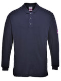 Flammhemmendes Langarm-Poloshirt, dunkelblau, Knopfleiste, gerippter Kragen