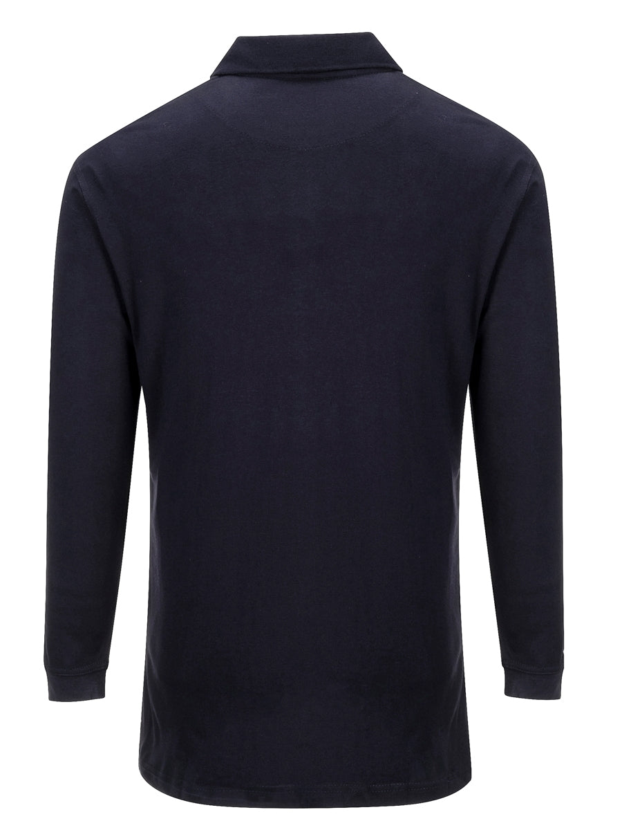 Flammhemmendes Langarm-Poloshirt, dunkelblau, Rückansicht mit Kragen und Ärmelbündchen