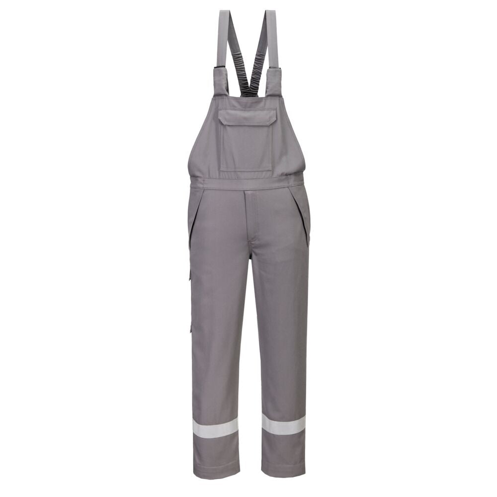 Flammhemmende Latzhose in Grau mit Trägern und reflektierenden Streifen