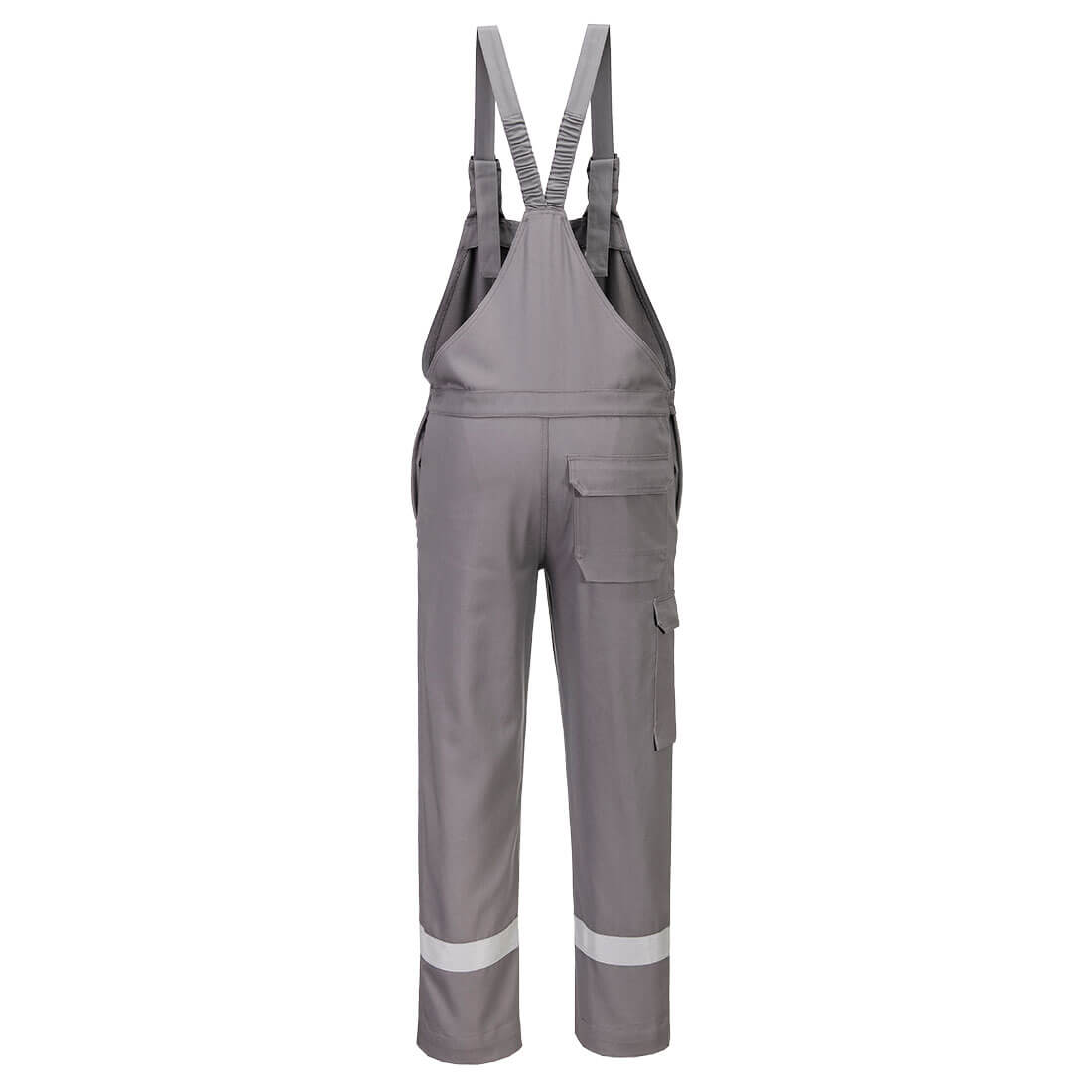 Graue Latzhose mit Trägern, Brustlatz, Tasche vorn und reflektierenden Bändern
