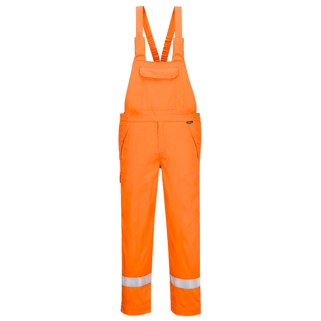 Orange Flammschutz-Latzhose mit Reflexstreifen und Brusttasche, Frontansicht