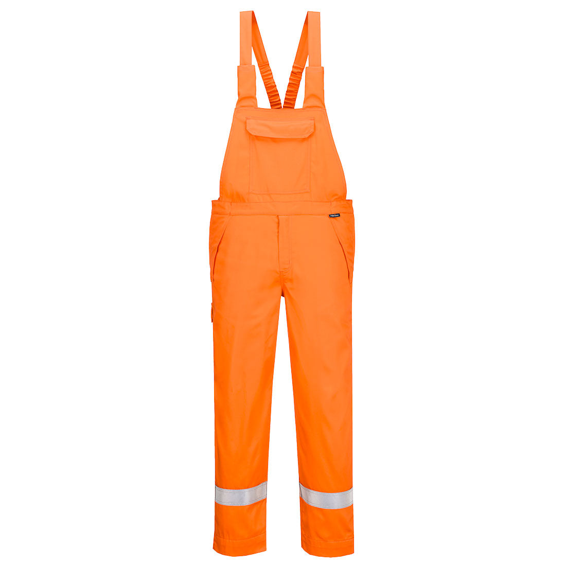 Orange Flammschutz-Latzhose mit Reflexstreifen und Brusttasche, Frontansicht