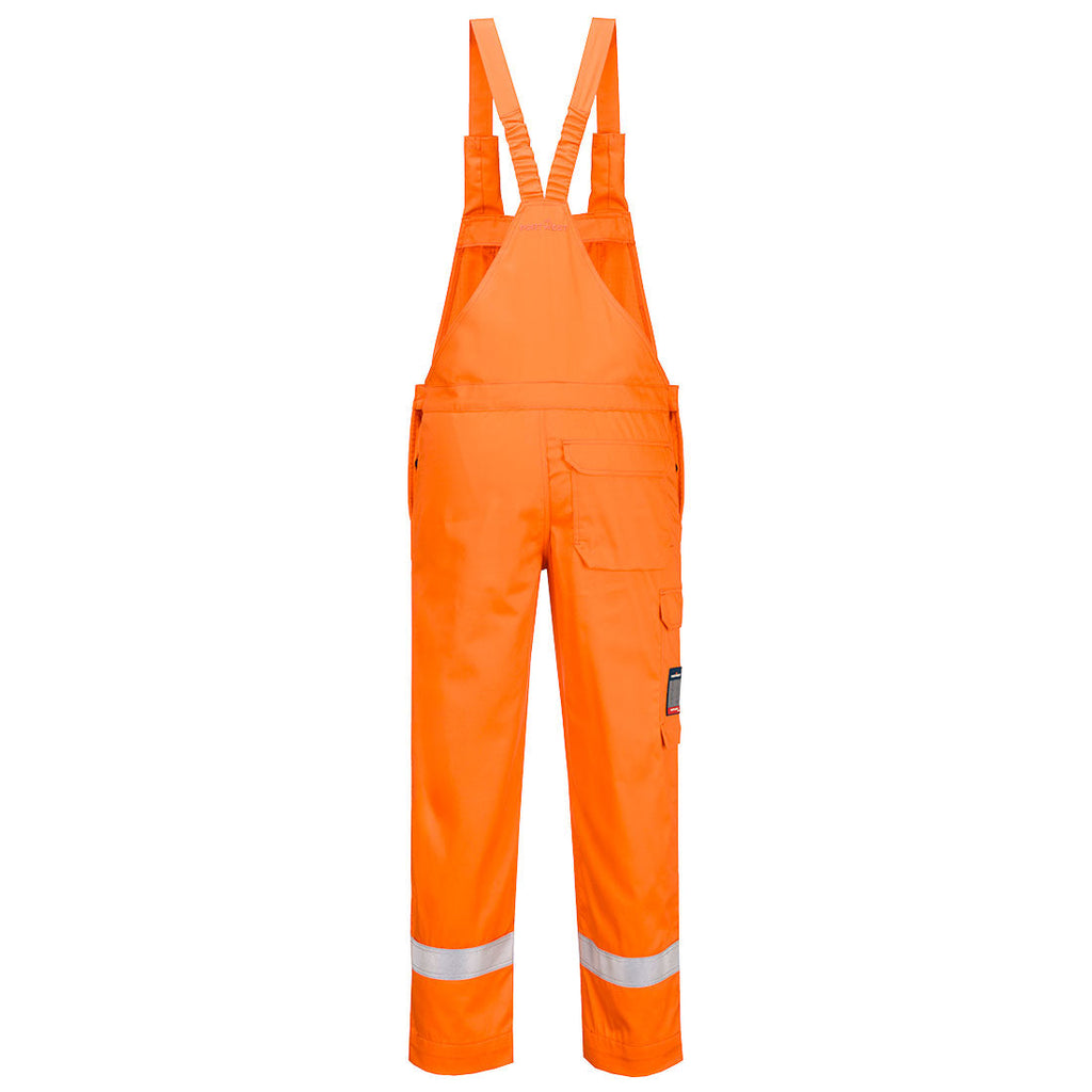 Orange Flammschutz-Latzhose mit Reflexstreifen, seitliche Taschen und verstellbare Träger