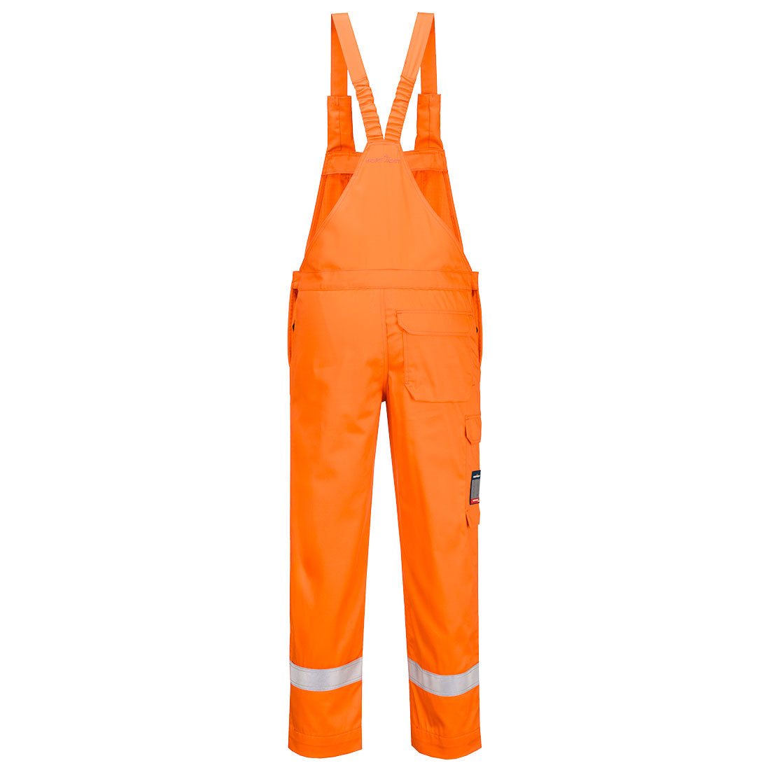 Orange Flammschutz-Latzhose mit Reflexstreifen, seitliche Taschen und verstellbare Träger