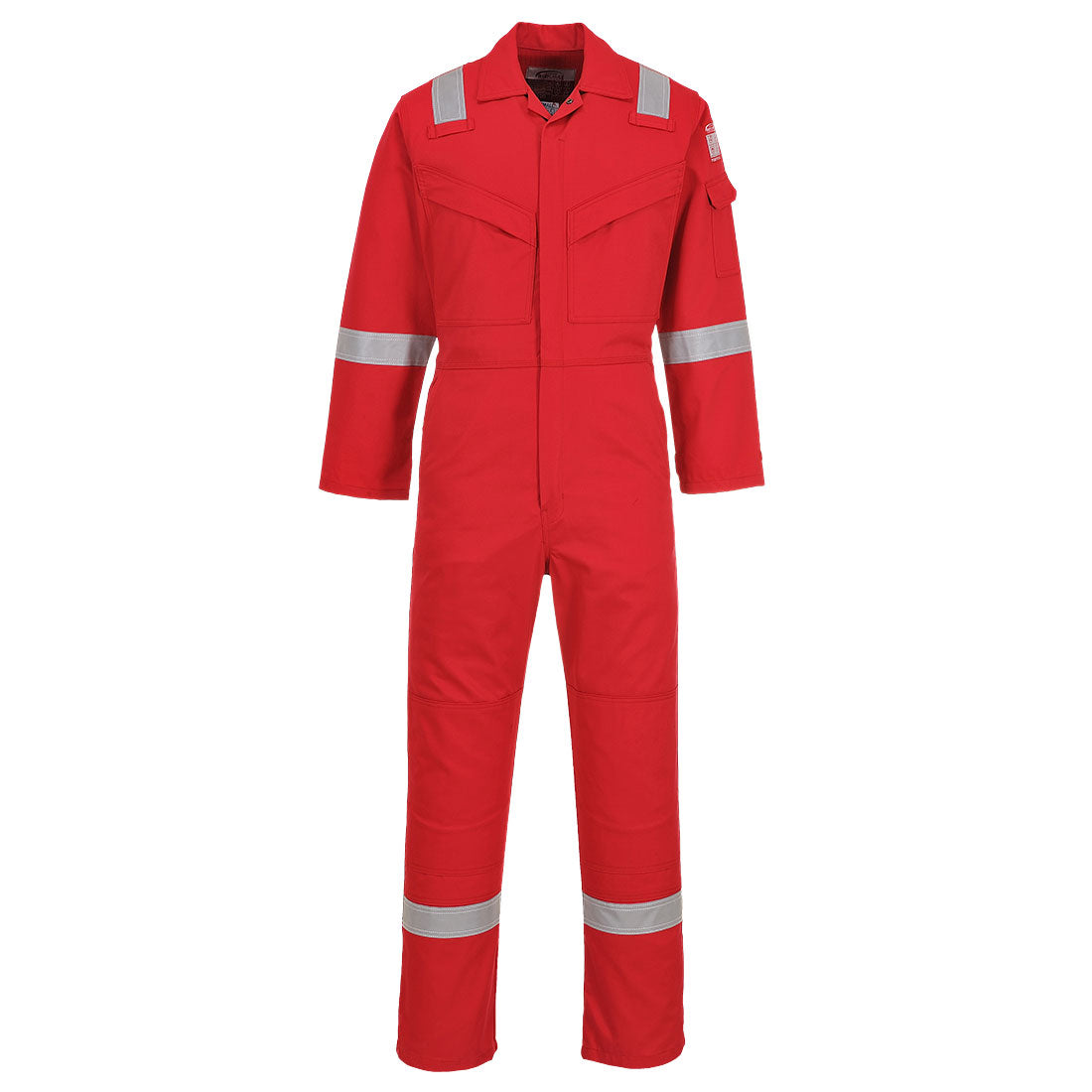 Roter flammhemmender Overall mit Reflexstreifen, Knopfleiste und Taschen, lange Ärmel und Beine