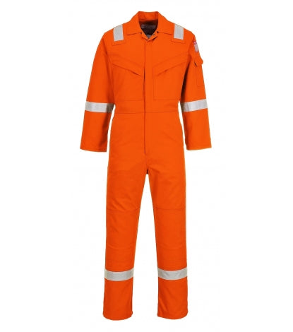 Orangefarbener Overall mit Reflexstreifen, Frontreißverschluss und Brusttaschen