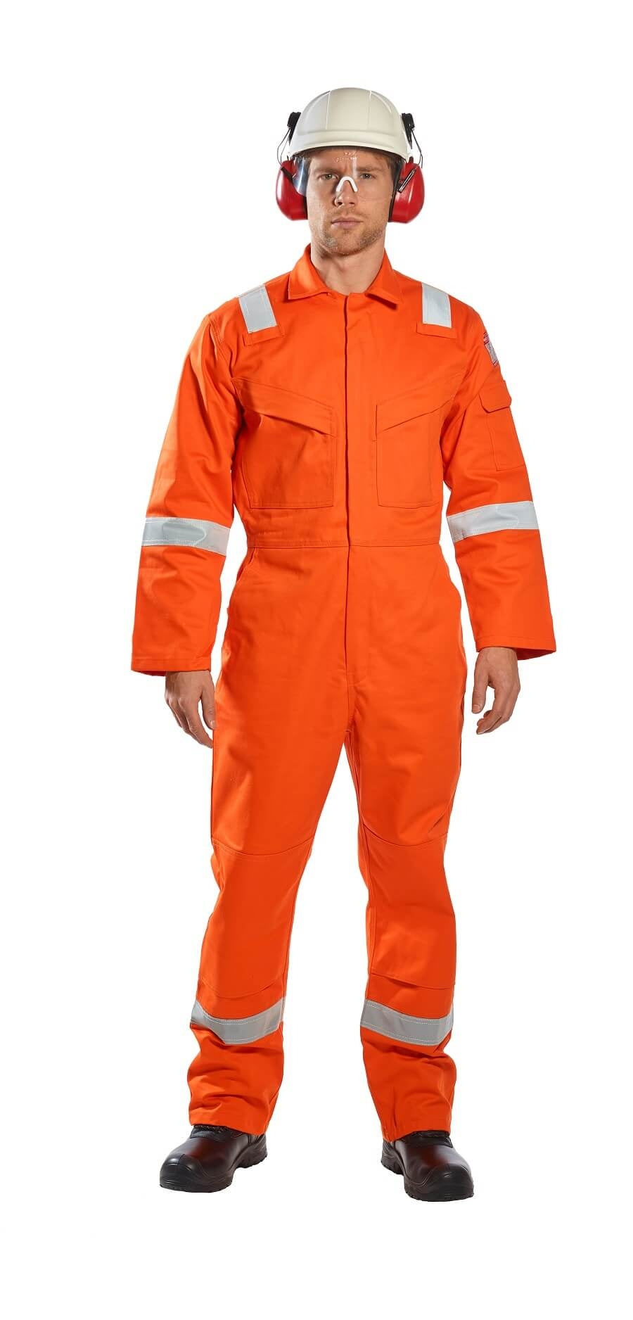 Orangefarbener Overall mit Reflexstreifen und Reißverschluss vorn, Brusttaschen