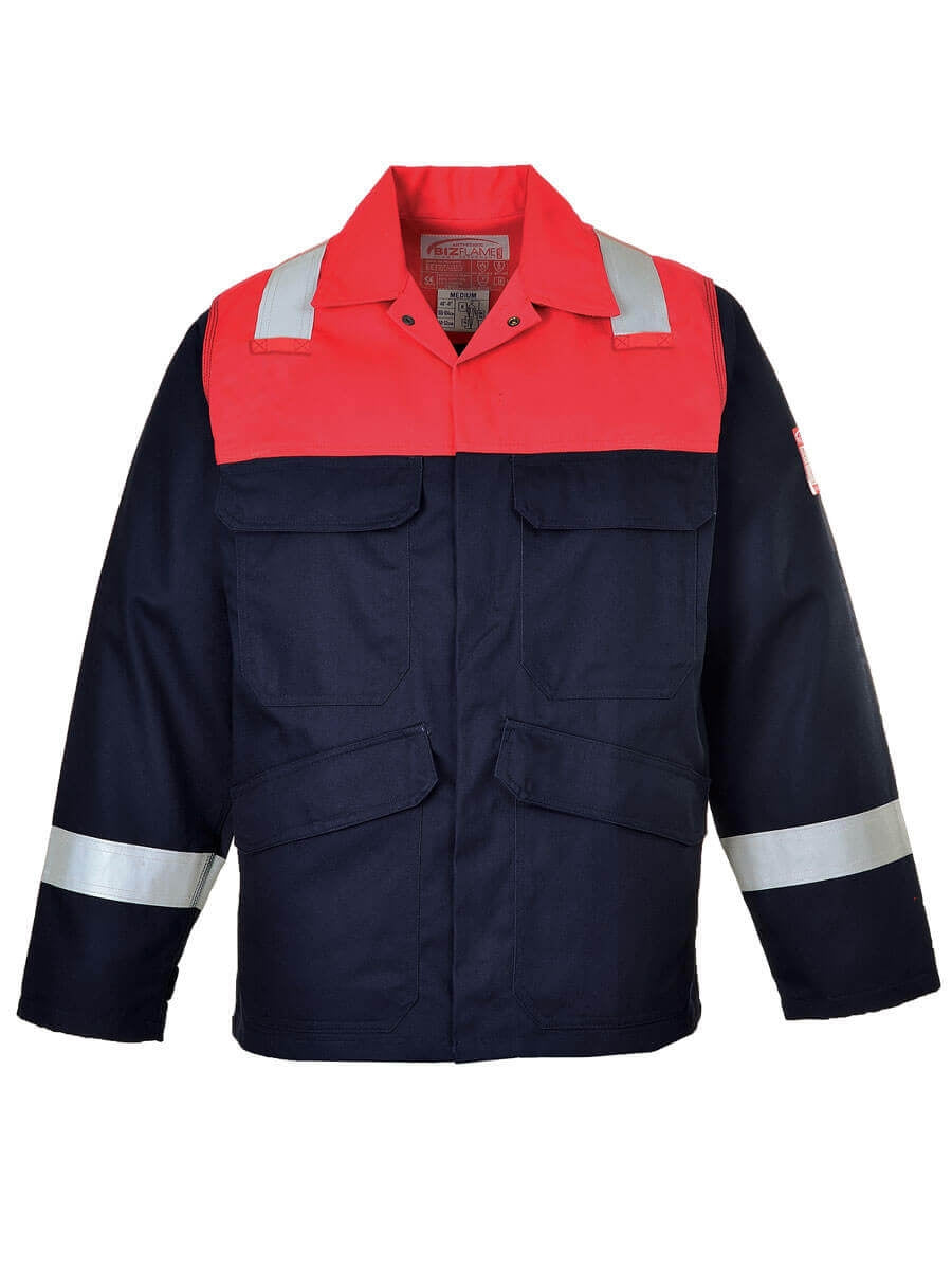 Flammschutzjacke mit roten Einsätzen, marineblauem Oberteil und reflektierenden Streifen