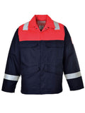 Flammschutzjacke mit roten Einsätzen, marineblauem Oberteil und reflektierenden Streifen