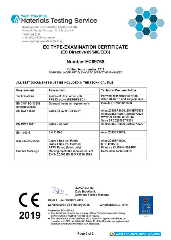EC-Typprüfungszertifikat mit Testdokumenten und Normangaben, West Yorkshire Joint Services