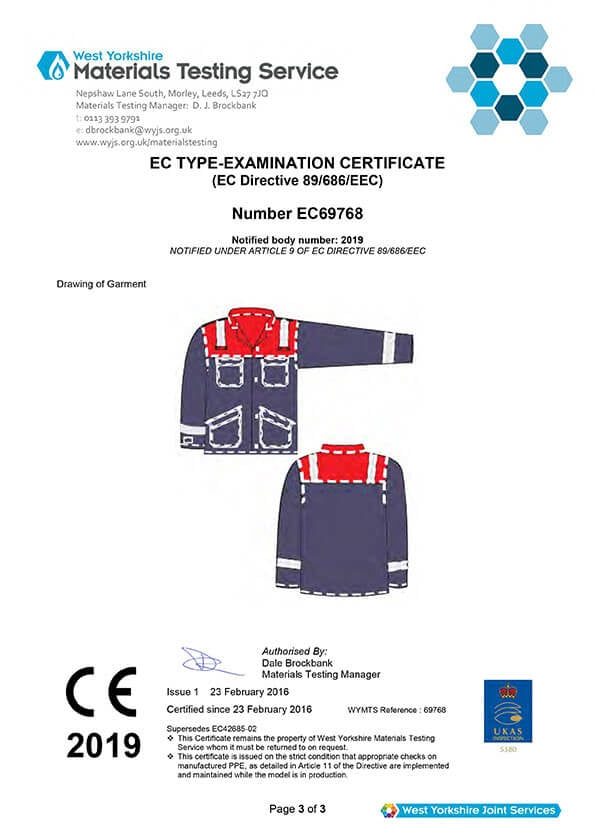 EC-Typprüfungszertifikat mit Zeichnung des Kleidungsstücks, West Yorkshire Joint Services