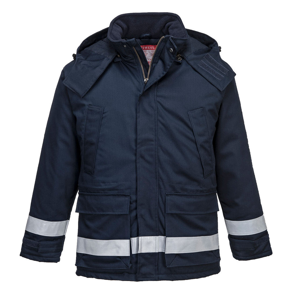 Marinefarbene Winterjacke mit Kapuze, durchgehendem Reißverschluss und Reflexstreifen