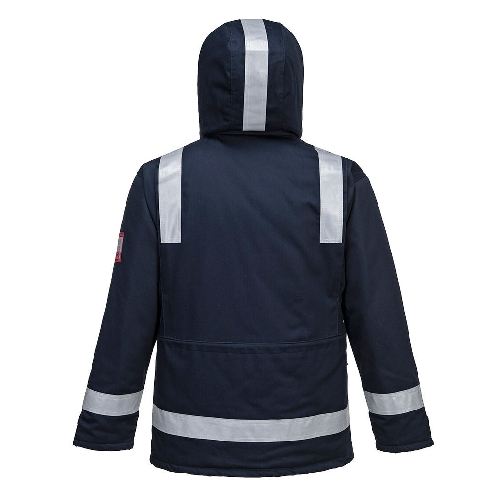 Marinefarbene Winterjacke mit Kapuze, Rückenansicht mit Reflexstreifen