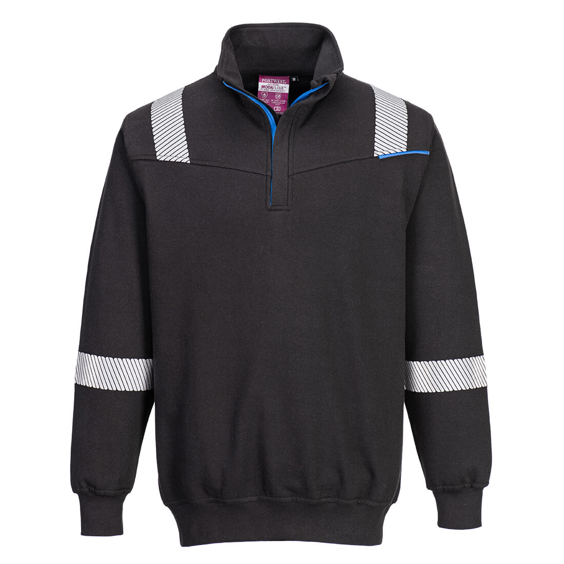 Dunkles FR-Sweatshirt mit Reißverschluss am Halsausschnitt und reflektierenden Streifen an Ärmeln