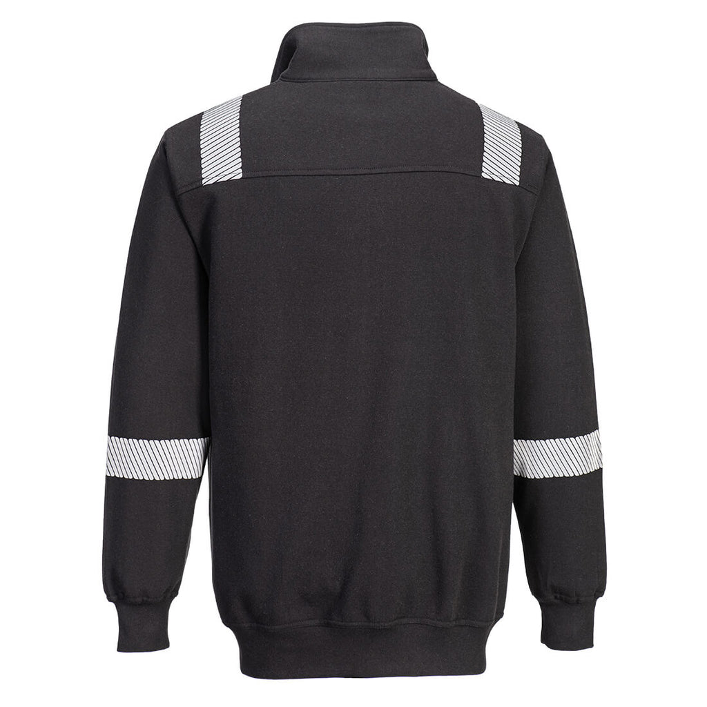 FR-Sweatshirt in Dunkel mit reflektierenden Streifen an Schultern und Ärmeln (Rückansicht)