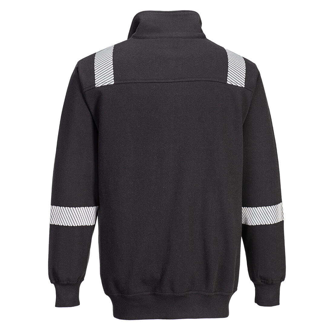 FR-Sweatshirt in Dunkel mit reflektierenden Streifen an Schultern und Ärmeln (Rückansicht)