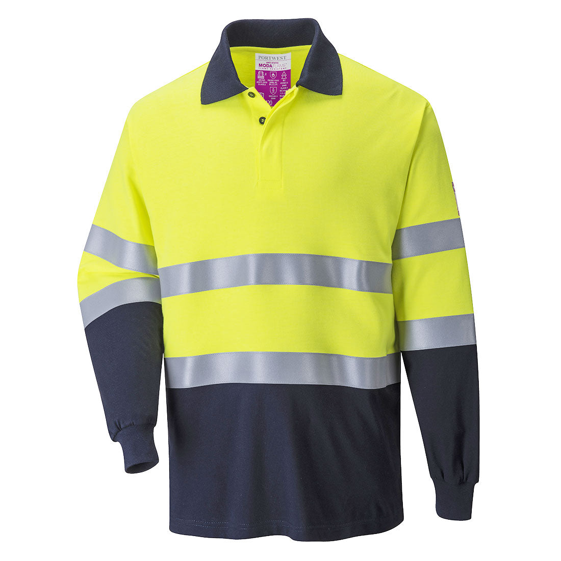 Zweifarbiges Flammschutz-Poloshirt mit Reflexstreifen, gelb-schwarz, lange Ärmel