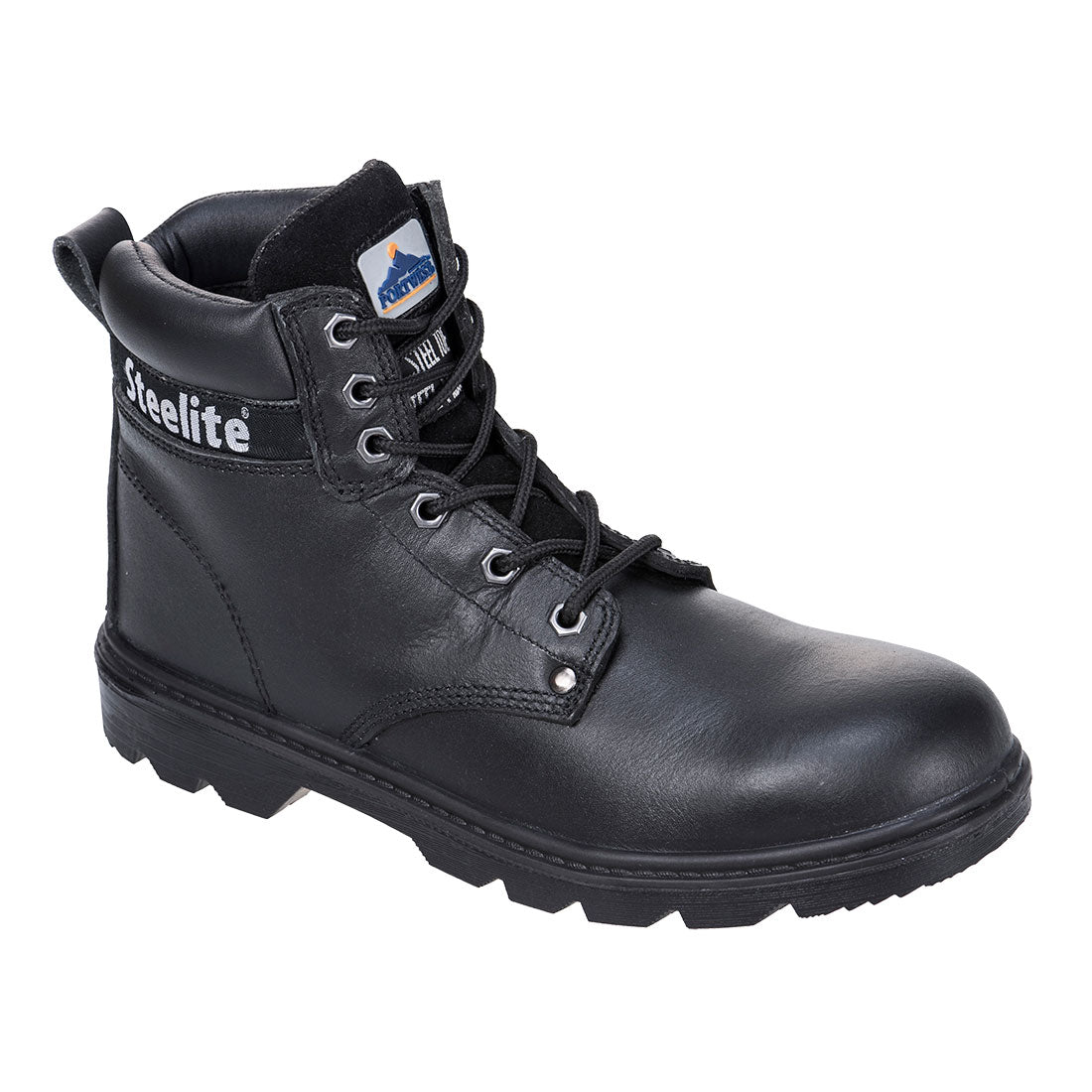 Schwarzer Sicherheitstiefel aus Leder mit Schnürung und verstärkter Sohle