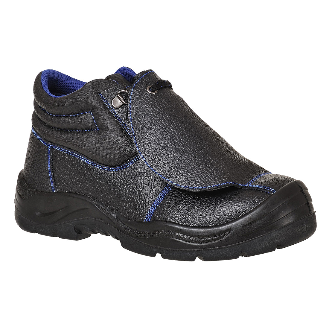Dunkler Sicherheitshalbstiefel aus Leder mit blauen Nähten, seitlicher Schlaufe und Schnürung