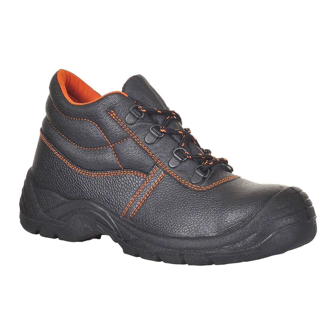 Sicherheitsstiefel aus dunklem Leder, Schnürung, orange Nähte und Futter, robuste Sohle