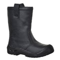 Schwarzer Sicherheitsstiefel mit robustem Profilsohle und geprägtem Lederlook.
