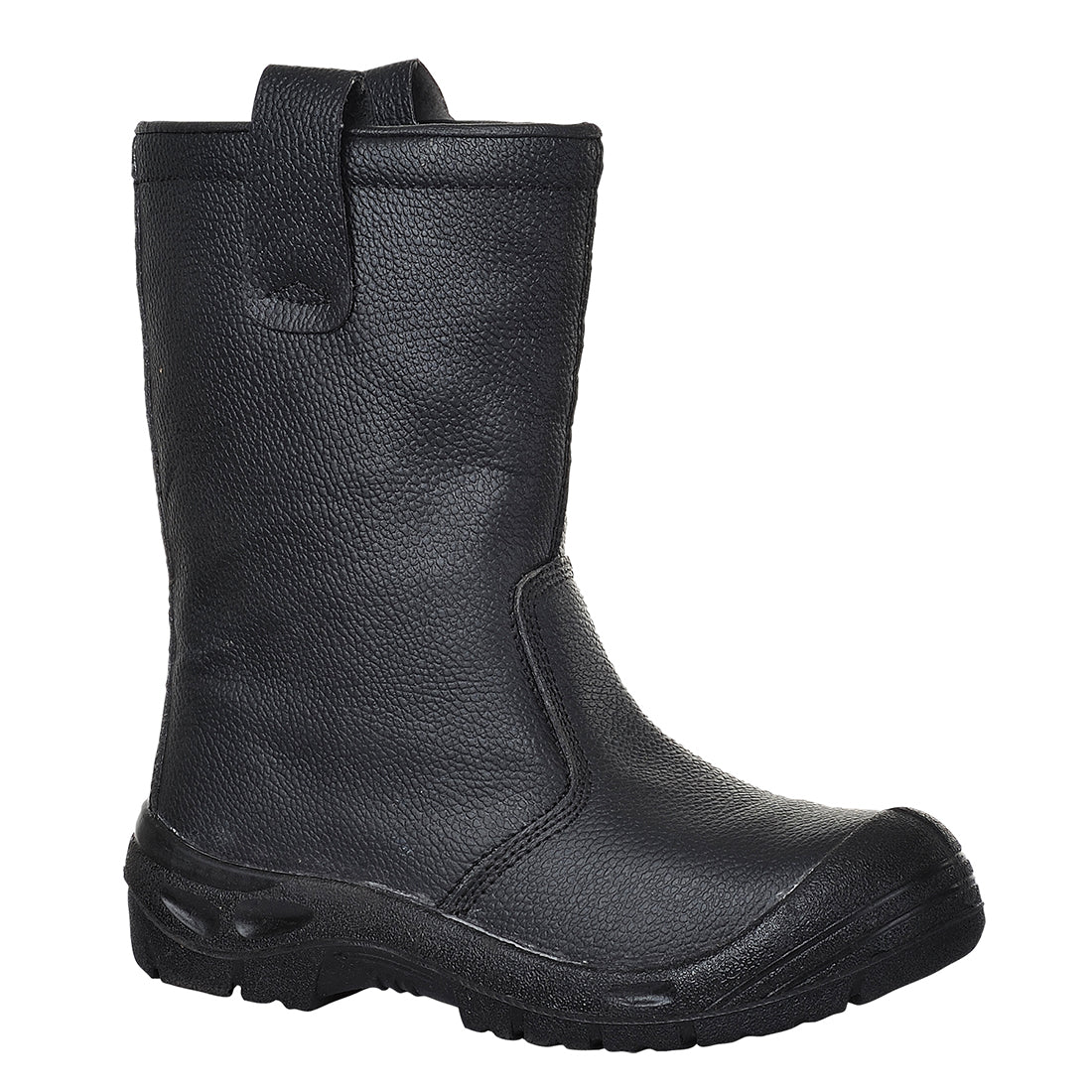 Schwarzer Sicherheitsstiefel mit robustem Profilsohle und geprägtem Lederlook.