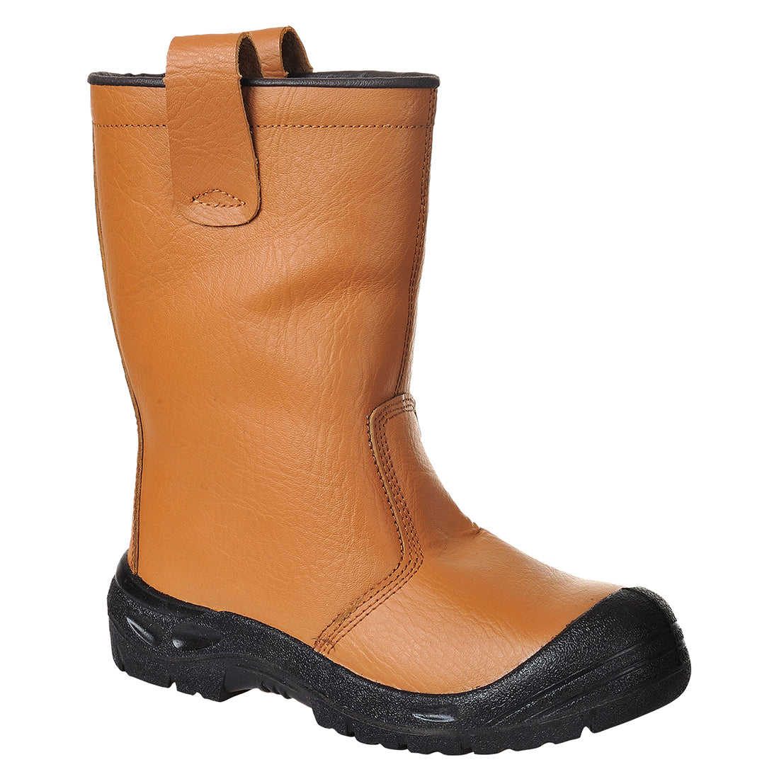 Sicherheitsstiefel aus braunem Leder mit schwarzer Schutzkappe und Profilsohle