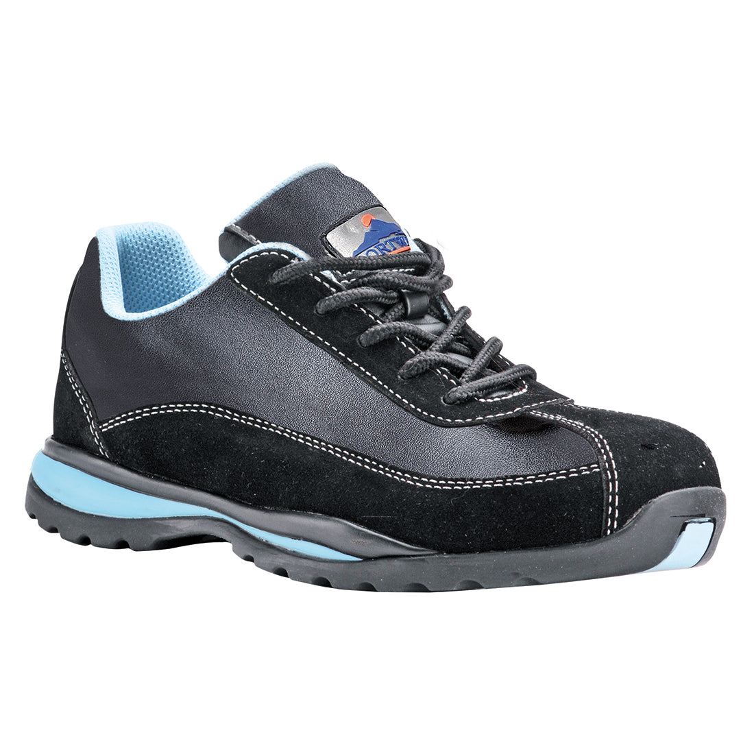 Damen-Sicherheitsschuh von Steelite in dunklem Grau/Schwarz mit blauer Fersenkappe
