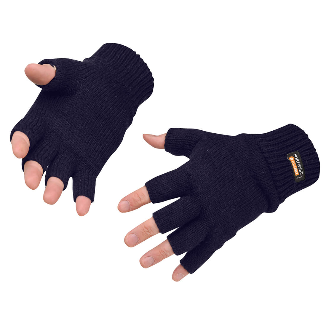 Fingerfreie Strick-Handschuhe dunkelblau, gerippter Bündchen, Daumen offen, mit Logoetikett