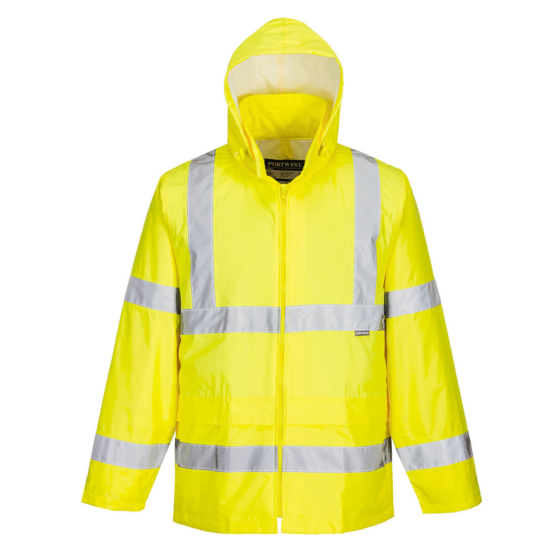 Portwest Warnschutz-Regenjacke, gelb, Kapuze und reflektierende Streifen