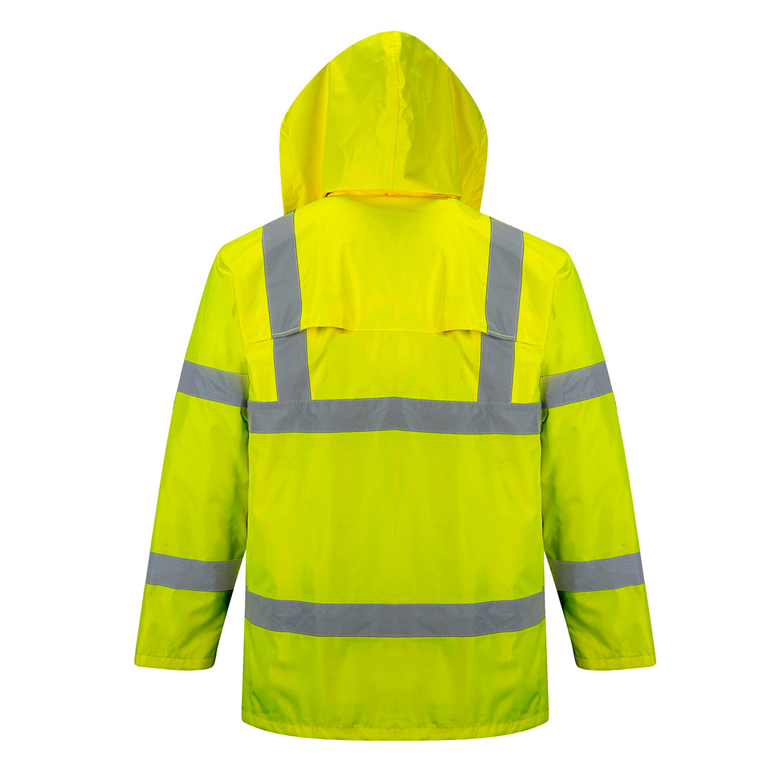 Warnschutz-Regenjacke, gelbe Kapuze und reflektierende Streifen auf der Rückseite