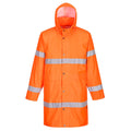 Warnschutzregenmantel, orange mit Kapuze und reflektierenden Querstreifen vorn