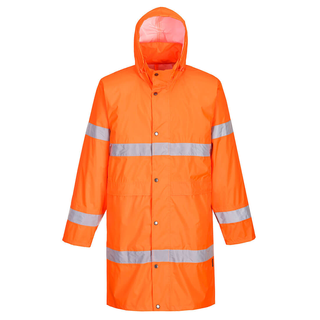 Warnschutzregenmantel, orange mit Kapuze und reflektierenden Querstreifen vorn