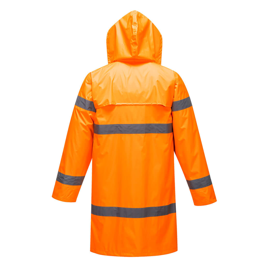 Warnschutzregenmantel, orange mit Kapuze und reflektierenden Streifen auf dem Rücken