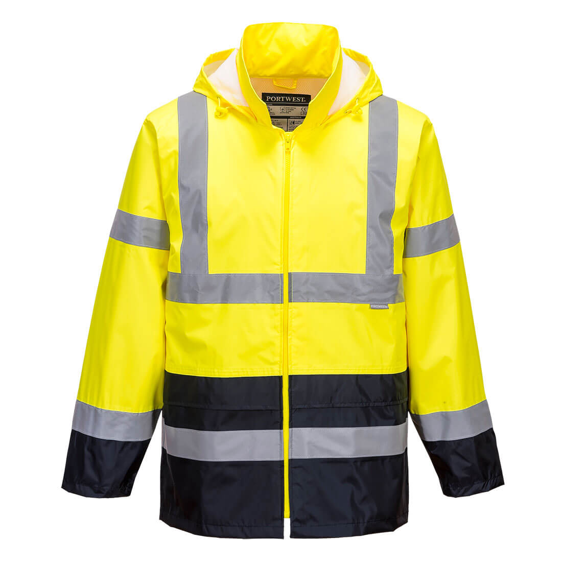 Warnschutz-Regenjacke gelb mit reflektierenden Streifen, Kapuze und Frontreißverschluss.