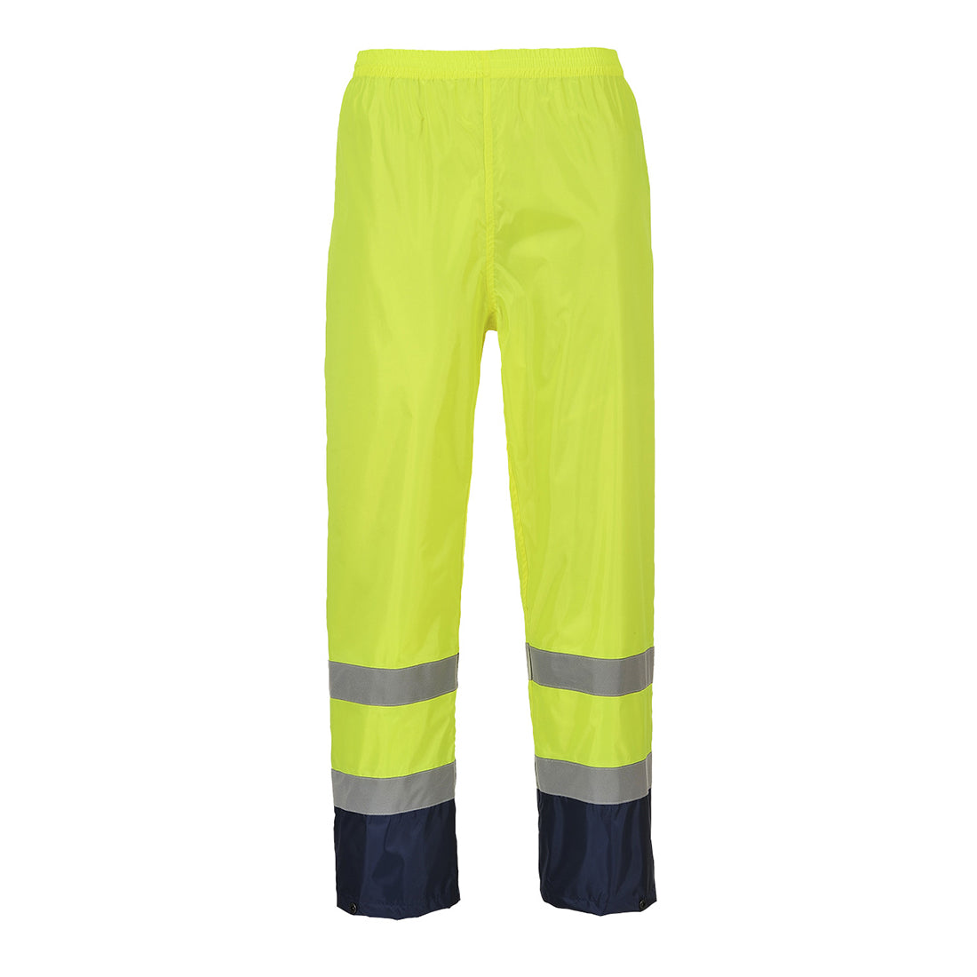 Warnschutz-Regenhose mit Kontrast, gelbgrün, reflektierende Bänder und dunkelblauem Beinabschluss