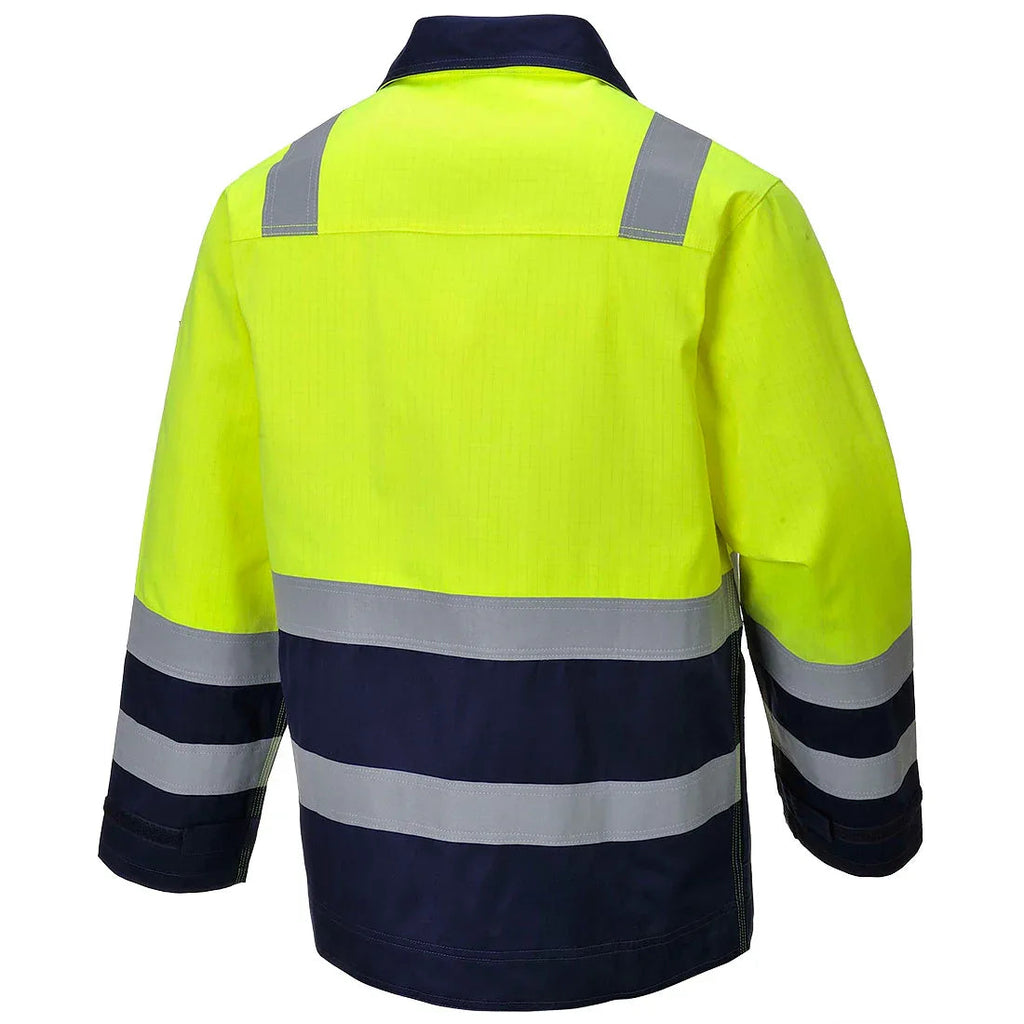 Warnschutzjacke gelb, dunkel abgesetzt, reflektierende Streifen hinten, Stehkragen