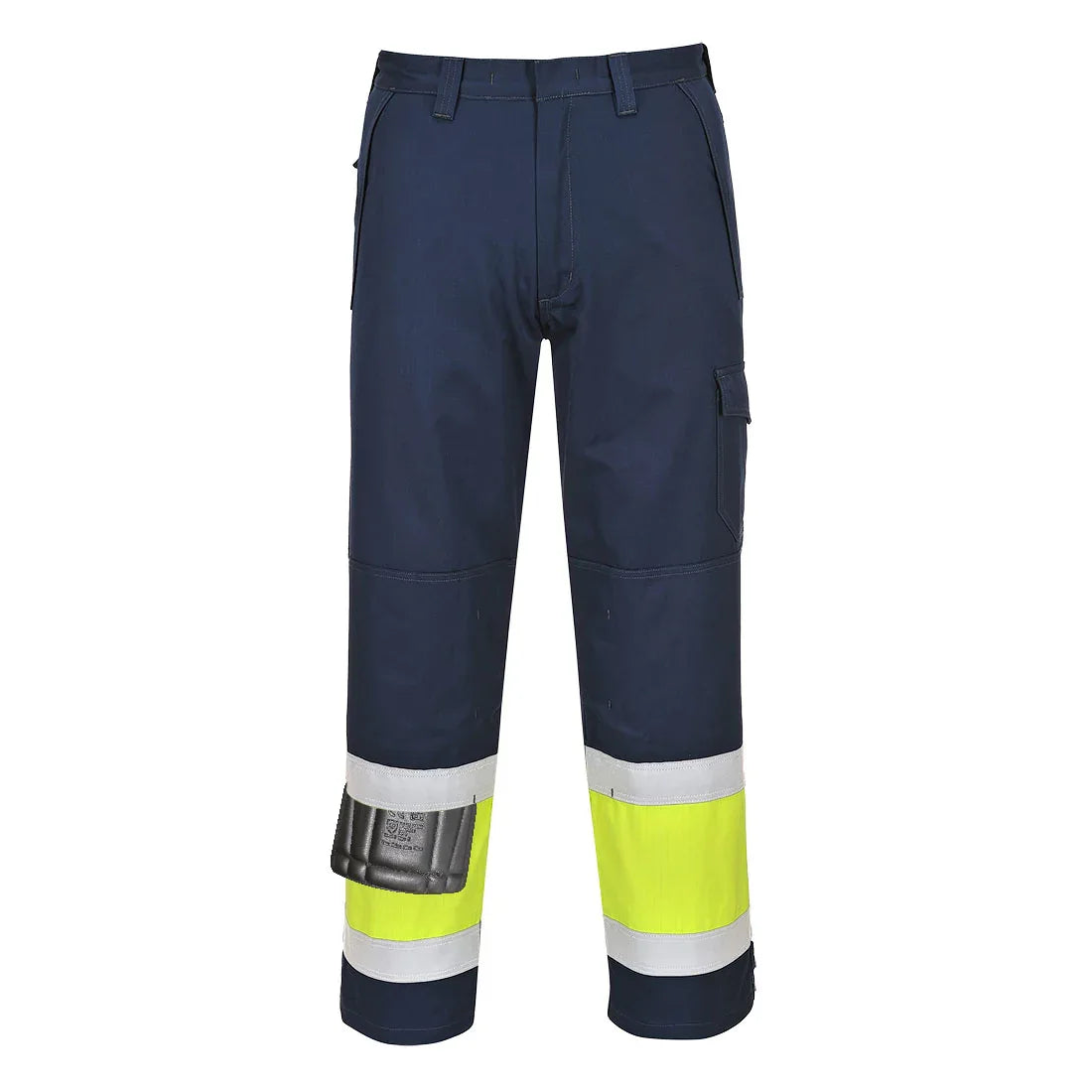 Warnschutzhose in dunklem Blau mit reflektierenden limefarbenen Bändern und Kniebereich