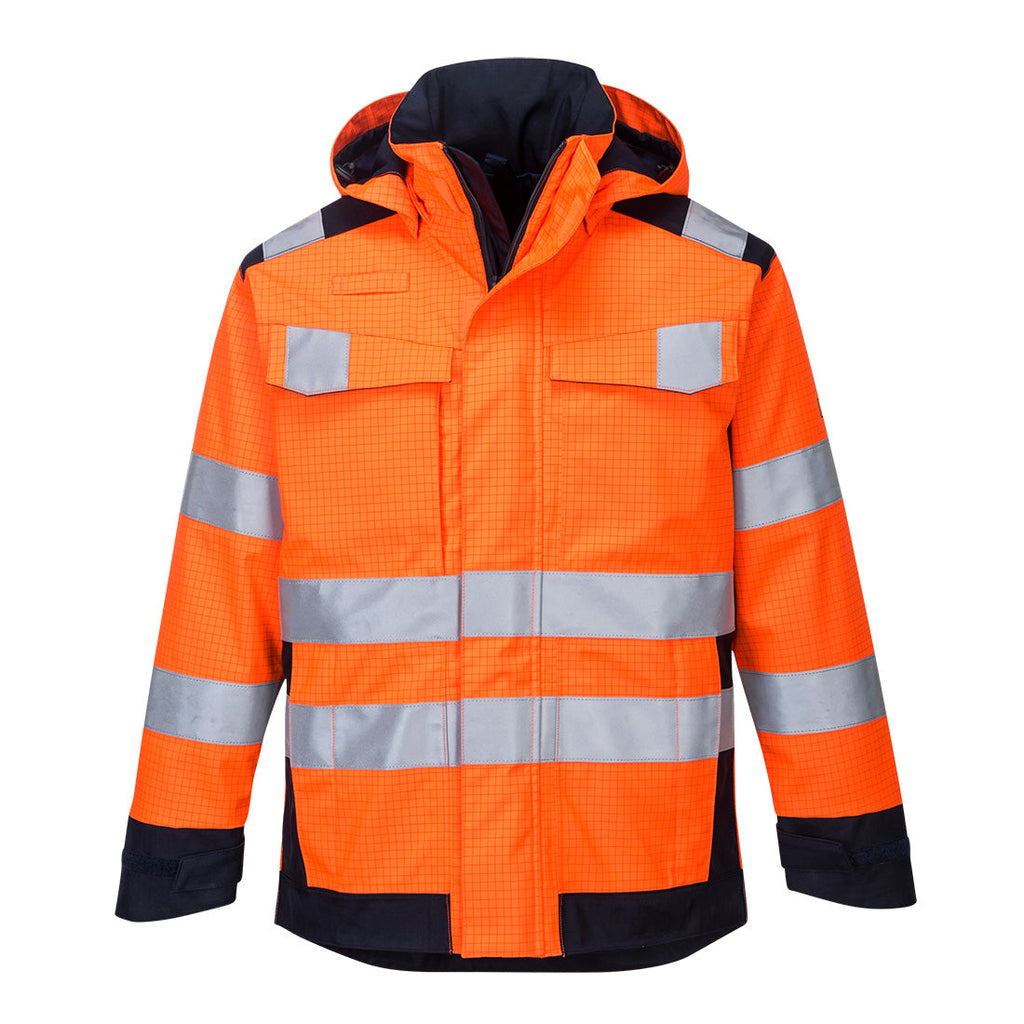 Warnregenjacke mit Kapuze, orange, reflektierenden Streifen und Frontreißverschluss
