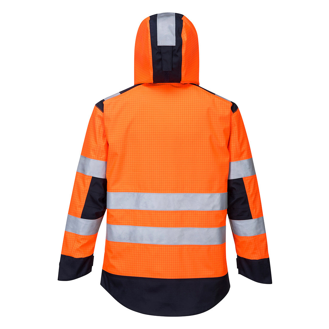 Warnjacke Rückansicht mit Kapuze, orange, reflektierenden Streifen an Ärmeln