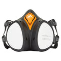 Halbmaske Atemschutz mit schwarzem Rahmen und orangefarbenem Ventil und Doppelfiltern