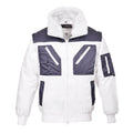 Zweifarbige Pilotjacke mit Kunstfellkragen, weißer Jacke und dunklen Front- sowie Ärmeltaschen