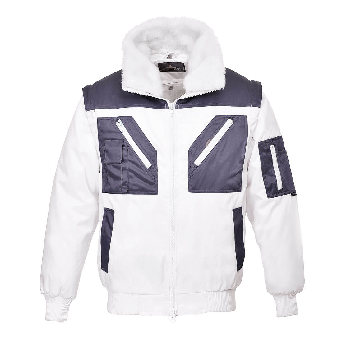 Zweifarbige Pilotjacke mit Kunstfellkragen, weißer Jacke und dunklen Front- sowie Ärmeltaschen