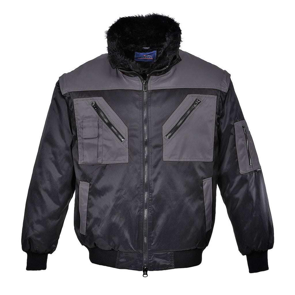 Zweifarbige Pilotjacke mit Fellkragen, durchgehendem Reißverschluss und Fronttaschen